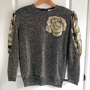 VINTAGE 80S BLACK AND GOLD SWEATER WITH METALLIC BALLOON SLEEVE